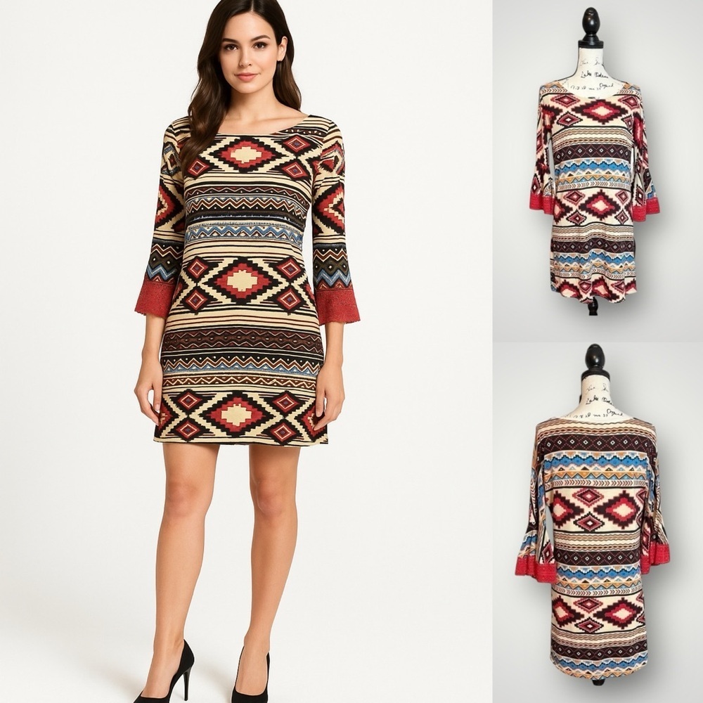 Judith March | Boho Aztec Dress Crochet Bell Sleeve Festival Tribal Lined